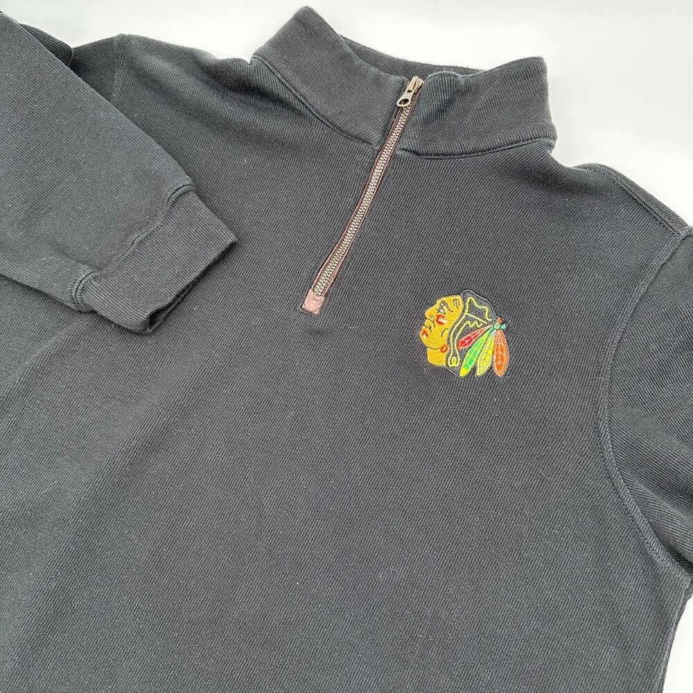 NHL Chicago Blackhawks Hockey Logo 1/4 Zip Pullover Ribbed Sweater Size XL Black
